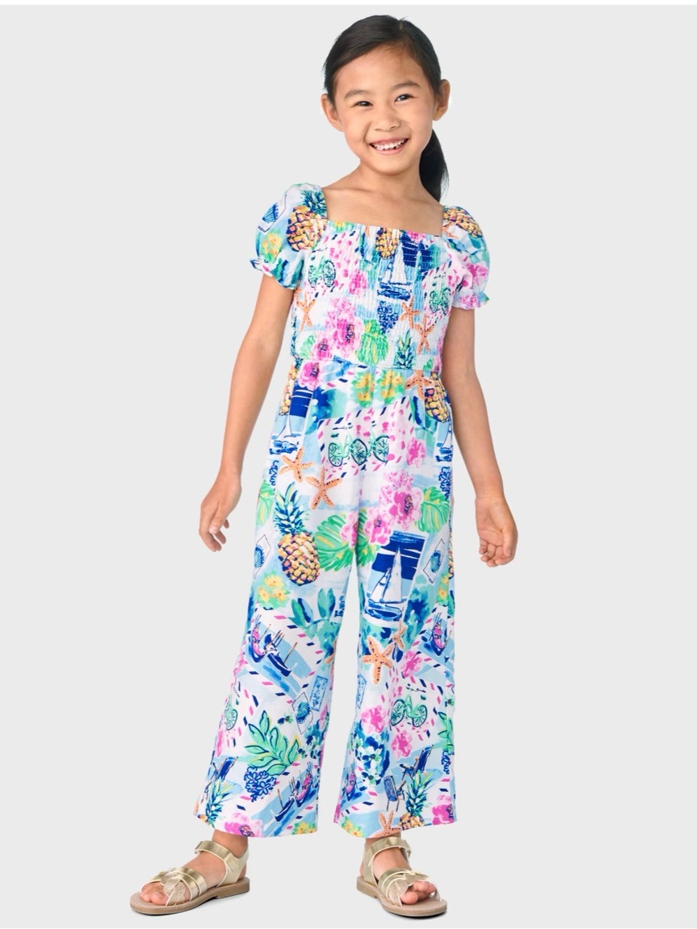 Gymboree Girls Bon Voyage Tropical Smocked Jumpsuit, Size 8